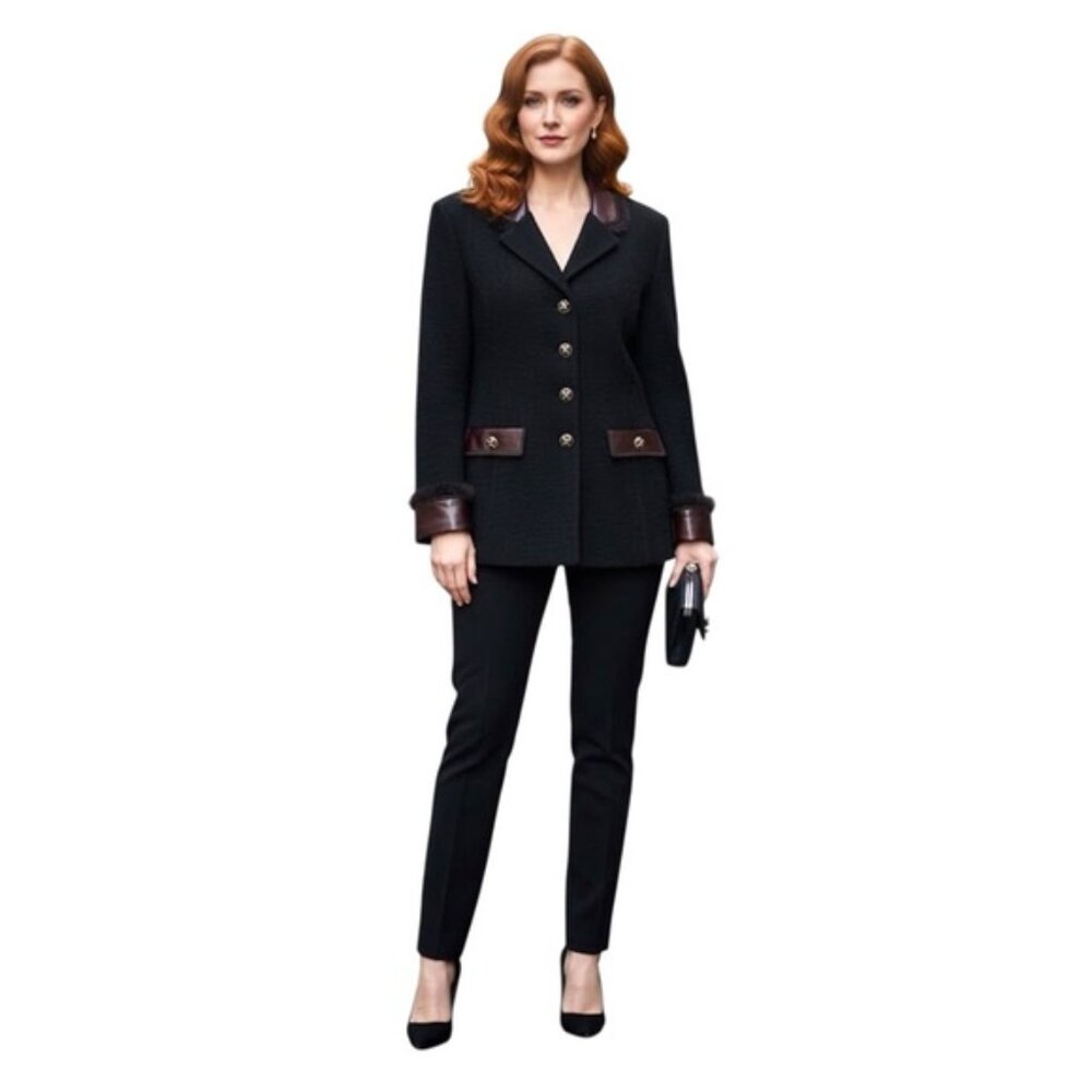 St.John Couture Vintage Knit Leather Fur Jacket Blazer  Wool Silk Classic Luxury